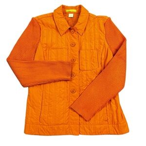 Sigrid Olsen Large Orange Quilted Knit Ribbed Long Sleeve Button Jacket Pockets